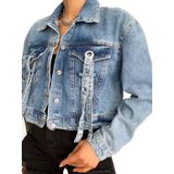 EF STYLE kuşgözü ve şerit detaylı crop kot ceket mavi M