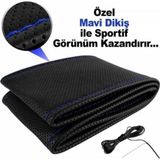 Efeaks Deri Direksiyon Kılıfı Sarmalı Dikmeli Mavi Dikişli Kokusuz