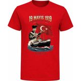 Efendioğlu Design Gençlik Bayramı 19 Mayıs 1919 Baskılı Atatürk ve Bandırma Vapuru Baskılı T-Shirt - Kırmızı