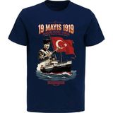 Efendioğlu Design Gençlik Bayramı 19 Mayıs 1919 Baskılı Atatürk ve Bandırma Vapuru Baskılı T-Shirt - Lacivert