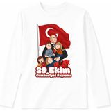 Efendioğlu Design Uzun Kollu Atatürk'e Sarılan Çocuklar Baskılı Pamuklu 29 Ekim Cumhuriyet Bayramı Tişörtü - 10 Yaş - Beyaz