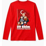 Efendioğlu Design Uzun Kollu Atatürk'e Sarılan Çocuklar Baskılı Pamuklu 29 Ekim Cumhuriyet Bayramı Tişörtü - 6 Yaş - Kırmızı