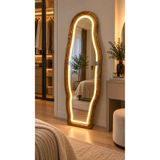 EFFE YAPI DEKOR LEDLİ DOĞAL AHŞAP ÇERÇEVELİ 180X60 CM ( CEVİZ ) ASİMETRİK AYAKLI BOY AYNASI