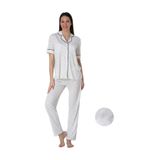 Effort Kadın Ekru Pamuklu Kısa Kollu Önden Düğmeli Pijama Takımı, XL, EF2432-198IGP101365