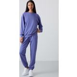 Eflatun Basic Pamuklu O Yaka Oversize Lastik Paça Kadın Eşofman Takım - 95287