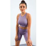 Eflatun Yüksek Bel Toparlayıcı Dar Kalıp Crop Biker Kadın Tayt Takım - 95302