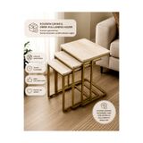 EFLORA DESIGN Tekerlekli Zigon Sehpa 3’lü Set – Eskitme Gold Metal Ayaklı Traverten Melamin Kaplama Şık Tasarım