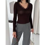 Efnaz Style Dantel Detaylı V Yaka Arkası V Yaka Kaşmir Dokulu Uzun Kollu Bluz - Vişne Çürüğü - L - Vişne Çürüğü