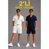 Efnaz Style Erkek 2li Krep Kumaş Cepli Gömlek Şort Takım Kısa Kollu Bağcıklı - Beyaz - Lacivert - 2XL - Çok Renkli