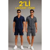 Efnaz Style Erkek 2li Krep Kumaş Cepli Gömlek Şort Takım Kısa Kollu Bağcıklı - Lacivert - Füme - 2XL - Çok Renkli