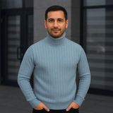 Efnaz Style Erkek Balıkcı Yaka Bağazlı Triko Kazak Pamuklu Kalın Fitilli Dokuma, Regular Fit Uzun Kollu Kışlık Model - Bebe Mavisi - 2XL