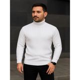 Efnaz Style Erkek Balıkcı Yaka Bağazlı Triko Kazak Pamuklu Kalın Fitilli Dokuma, Regular Fit Uzun Kollu Kışlık Model - Beyaz - Saks Mavisi - Beyaz