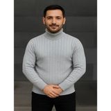 Efnaz Style Erkek Balıkcı Yaka Bağazlı Triko Kazak Pamuklu Kalın Fitilli Dokuma, Regular Fit Uzun Kollu Kışlık Model - Gri - 2XL