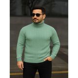 Efnaz Style Erkek Balıkcı Yaka Bağazlı Triko Kazak Pamuklu Kalın Fitilli Dokuma, Regular Fit Uzun Kollu Kışlık Model - Mint Yeşili