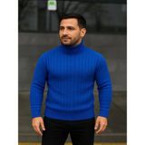 Efnaz Style Erkek Balıkcı Yaka Bağazlı Triko Kazak Pamuklu Kalın Fitilli Dokuma, Regular Fit Uzun Kollu Kışlık Model - Saks Mavisi