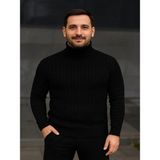 Efnaz Style Erkek Balıkcı Yaka Bağazlı Triko Kazak Pamuklu Kalın Fitilli Dokuma, Regular Fit Uzun Kollu Kışlık Model - Siyah - XL