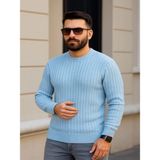 Efnaz Style Erkek Bisiklet Yuvarlak Yaka Triko Kazak Pamuklu Kalın Fitilli Dokuma, Regular Fit Uzun Kollu Kışlık Model - Bebe Mavisi