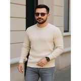 Efnaz Style Erkek Bisiklet Yuvarlak Yaka Triko Kazak Pamuklu Kalın Fitilli Dokuma, Regular Fit Uzun Kollu Kışlık Model - Bej - XL