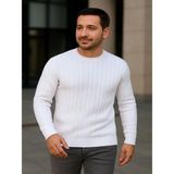 Efnaz Style Erkek Bisiklet Yuvarlak Yaka Triko Kazak Pamuklu Kalın Fitilli Dokuma, Regular Fit Uzun Kollu Kışlık Model - Beyaz - 2XL