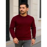 Efnaz Style Erkek Bisiklet Yuvarlak Yaka Triko Kazak Pamuklu Kalın Fitilli Dokuma, Regular Fit Uzun Kollu Kışlık Model - Bordo - 2XL