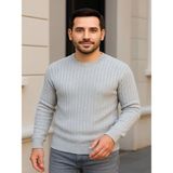Efnaz Style Erkek Bisiklet Yuvarlak Yaka Triko Kazak Pamuklu Kalın Fitilli Dokuma, Regular Fit Uzun Kollu Kışlık Model - Gri - XL