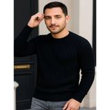 Efnaz Style Erkek Bisiklet Yuvarlak Yaka Triko Kazak Pamuklu Kalın Fitilli Dokuma, Regular Fit Uzun Kollu Kışlık Model - Siyah - 2XL