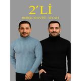 Efnaz Style Erkek Fitilli Triko Kazak 2li Set Bebek Mavisi Siyah Regular Balıkcı Yaka Tam Boğazlı Triko Seti Modeli Kazak - Bebe Mavisi - Siyah - 2XL