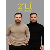 Efnaz Style Erkek Fitilli Triko Kazak 2li Set Bej Siyah Regular Balıkcı Yaka Tam Boğazlı Triko Seti Modeli Kazak - Çok Renkli