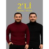 Efnaz Style Erkek Fitilli Triko Kazak 2li Set Bordo Siyah Regular Balıkcı Yaka Tam Boğazlı Triko Seti Modeli Kazak - Çok Renkli