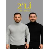 Efnaz Style Erkek Fitilli Triko Kazak 2li Set Gri Siyah Regular Balıkcı Yaka Tam Boğazlı Triko Seti Modeli Kazak - Çok Renkli