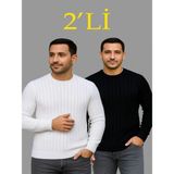 Efnaz Style Erkek Fitilli Triko Kazak 2’li Set – Siyah - Beyaz, Kalın Dokuma Pamuklu Regular Fit Bisiklet Yaka Uzun Kollu Rahat Kışlık Kazak Kombini - Çok Renkli