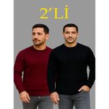 Efnaz Style Erkek Fitilli Triko Kazak 2’li Set – Siyah - Bordo, Kalın Dokuma Pamuklu Regular Fit Bisiklet Yaka Uzun Kollu Rahat Kışlık Kazak Kombini - XL