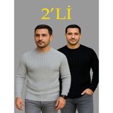 Efnaz Style Erkek Fitilli Triko Kazak 2’li Set – Siyah - Gri, Kalın Dokuma Pamuklu Regular Fit Bisiklet Yaka Uzun Kollu Rahat Kışlık Kazak Kombini - Çok Renkli
