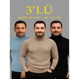 Efnaz Style Erkek Fitilli Triko Kazak 3lü Set Bebek Mavisi Bej Siyah Regular Balıkcı Yaka Tam Boğazlı Triko Seti Modeli Kazak - Bebe Mavisi - Siyah - XL