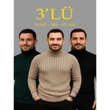 Efnaz Style Erkek Fitilli Triko Kazak 3lü Set Bej Haki Siyah Regular Balıkcı Yaka Tam Boğazlı Triko Seti Modeli Kazak - Çok Renkli - 2XL