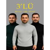 Efnaz Style Erkek Fitilli Triko Kazak 3lü Set Gri Haki Siyah Regular Balıkcı Yaka Tam Boğazlı Triko Seti Modeli Kazak - Çok Renkli - XL