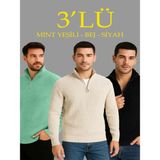 Efnaz Style Erkek Fitilli Triko Kazak 3’lü Set – Mint Yeşili, Siyah, Bej Kalın Dokuma Pamuklu Regular Fit V Yaka Fermuarlı Uzun Kollu Rahat Kışlık Kazak Kombini - Çok Renkli