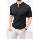 Efnaz Style Erkek Kısa Kol Fitilli Triko T-Shirt Yazlık Hakim Yaka Tişört - Siyah - 2XL - Siyah
