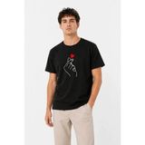 Efnaz Style Erkek Kore Parmak Kalp Aşk Temalı Minimal Baskılı Tişört Yazlık Kısa Kol T-Shirt - Siyah - XS