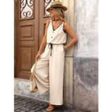 Efnaz Style Kadın Askıdan Bağlamalı V Yakalı Belden Süs Bağcıklı Tulum - 2XL-3XL - Bej