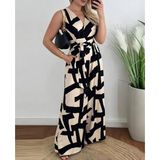 Efnaz Style Kadın Askılı Kruvaze Yakalı Belden Kuşaklı Uzun Desenli Süprem Tulum - 2XL-3XL - Siyah