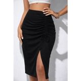 Efnaz Style Kadın Beli Lastikli Yandan Büzgülü Bağcık Detaylı Midi Kaşkorse Etek - Siyah - L - XL