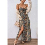 Efnaz Style Kadın Ip Askılı Arkadan çapraz Kesim Detaylı Uzun Desenli Süprem Elbise - 2XL-3XL - Desenli