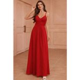 Efnaz Style Kadın Ip Askılı Kruvaze Yakalı Yırtmaçlı Uzun Ithal Krep Elbise - 2XL-3XL - Kırmızı