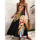 Efnaz Style Kadın Ip Askılı V Yakalı Desenli Süprem Maxi Elbise - 2XL-3XL - Siyah