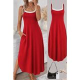 Efnaz Style Kadın Ip Askılı Yuvarlak Yakalı Cepli Uzun Viskon Elbise - 2XL-3XL - Kırmızı