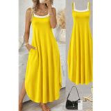 Efnaz Style Kadın Ip Askılı Yuvarlak Yakalı Cepli Uzun Viskon Elbise - 2XL-3XL - Sarı