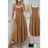 Efnaz Style Kadın Ip Askılı Yuvarlak Yakalı Cepli Uzun Viskon Elbise - 2XL-3XL - Sütlü Kahve