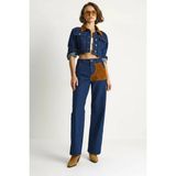 Efnaz Style Kadın Kadife Yaka Ceket Renk Bloklu Wide Leg Denim Lacivert Takım - 40