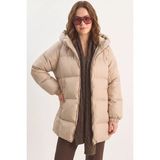 Efnaz Style Kadın Kapüşonlu Oversize Yarasa Kol Şişme Bej Mont - Standart